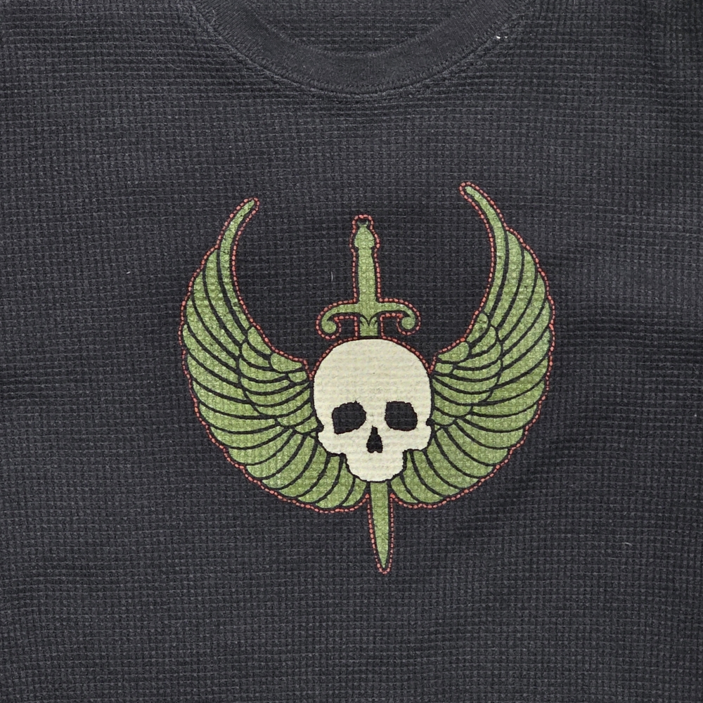 Early 2000s Black Thermal SHIRT with Skull and Wings Design